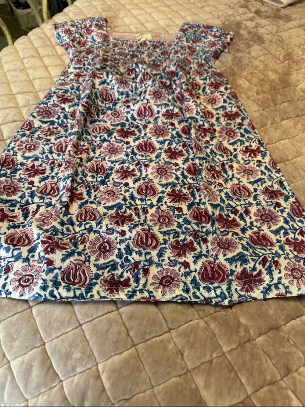 Sgt. Fletcher Floral Smocked Shift Dress in Cream, Blue & Burgundy